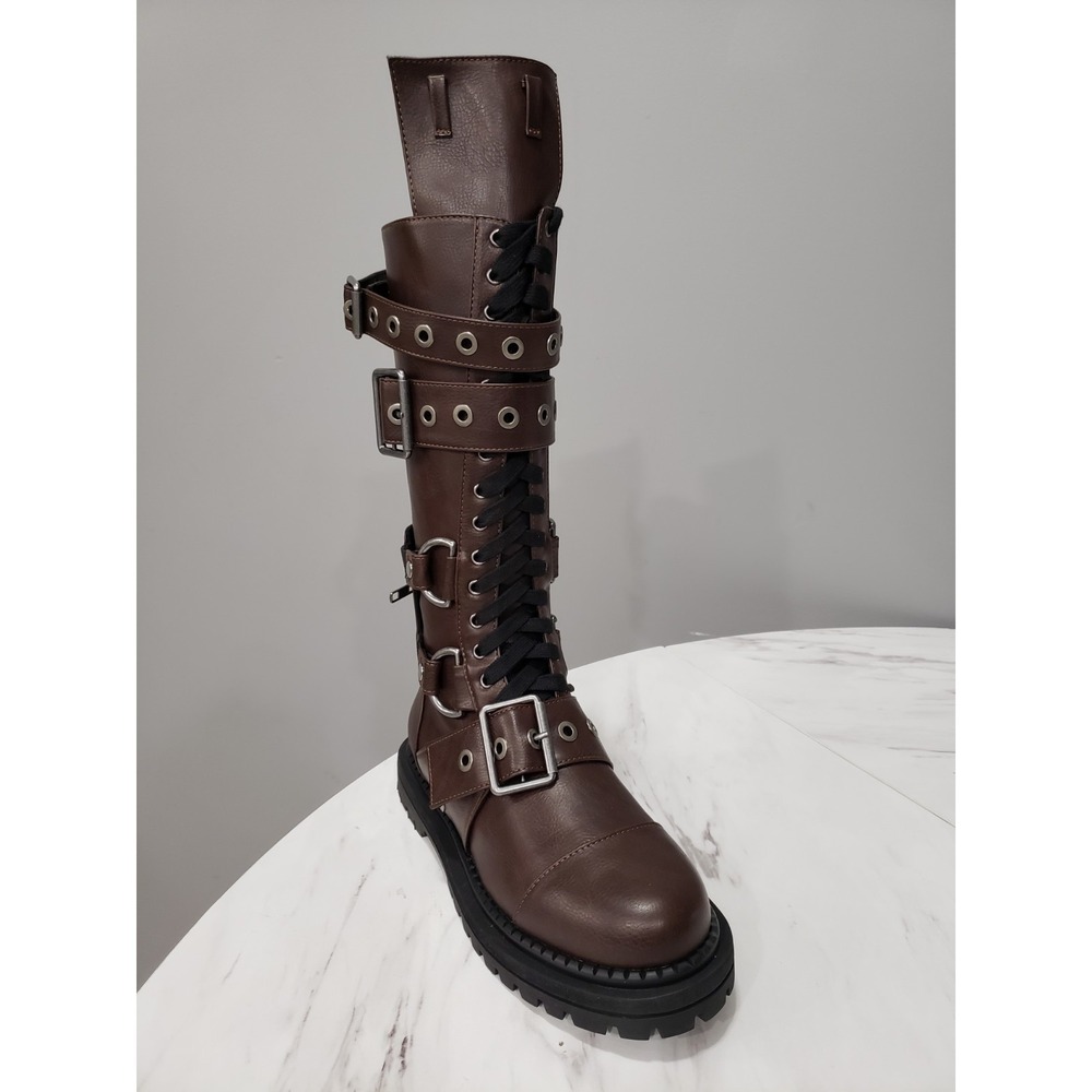 SIZE 9 Dolls Kill Club Exx COMBAT BOOTS STEAMPUNK cyberpunk gothic strappy brown - Picture 9 of 16